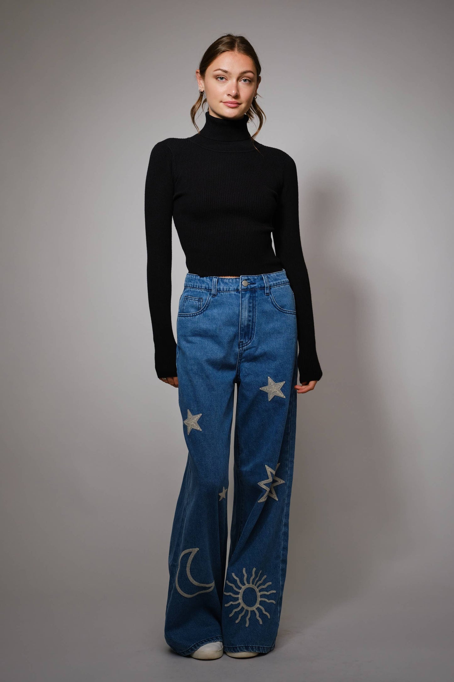 Moon And Star Embroidered Wide Leg Denim Jean