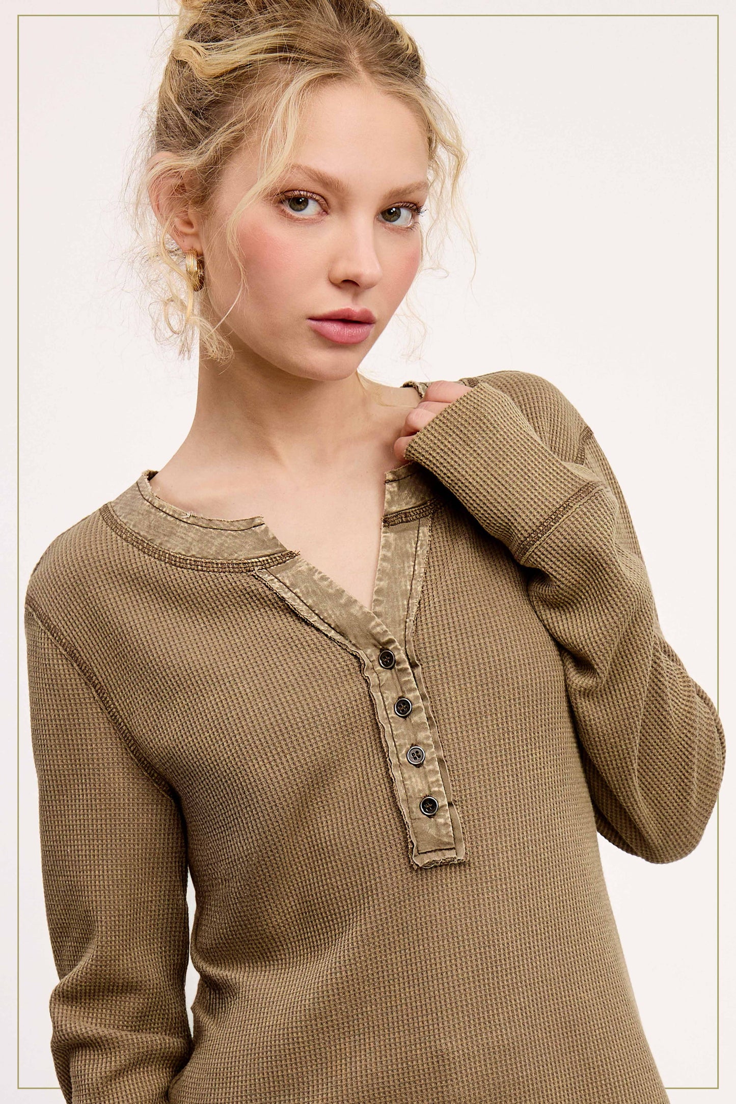 Waffle Long Sleeve Henley Thermal Top - Olive