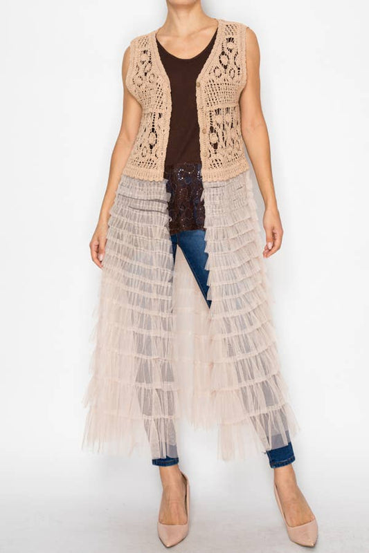 Origami Crochet Vest With Tiered Mesh Layer