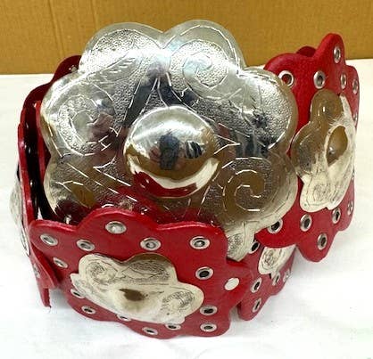 Handcrafted Red Flower Leather Belt