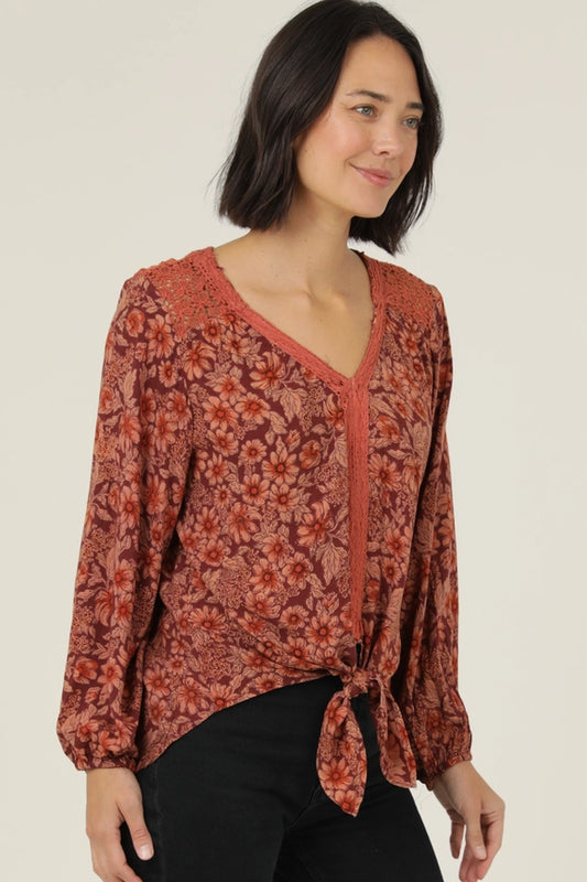 Lace Trim Tie Waist Floral Print Top