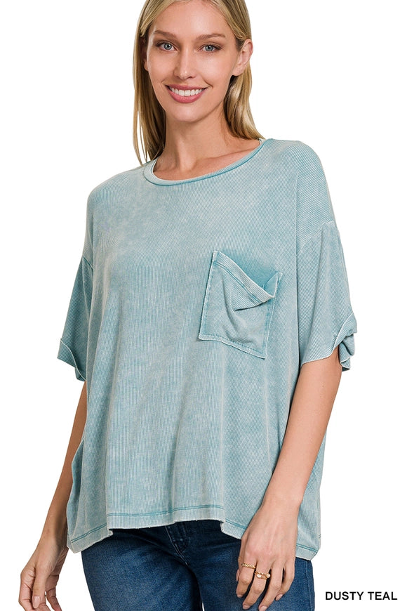 Washed Ribbed Cuffed Sleeve Top - 9 colors