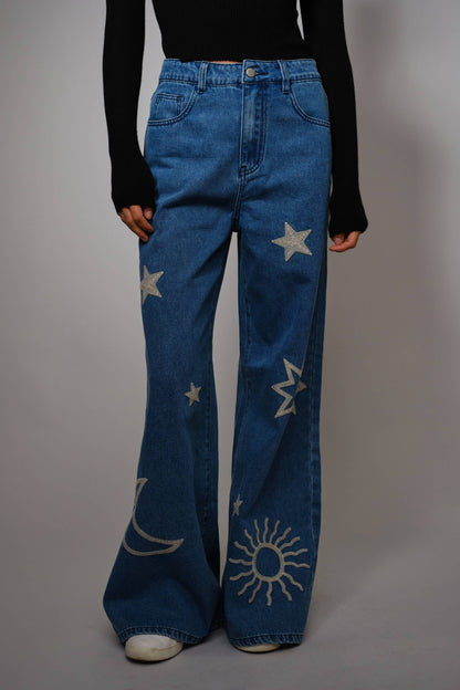 Moon And Star Embroidered Wide Leg Denim Jean