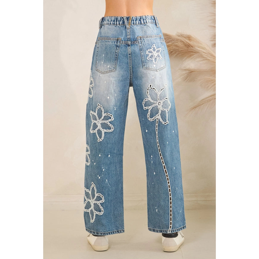 Washed Floral Embroidered Jeans