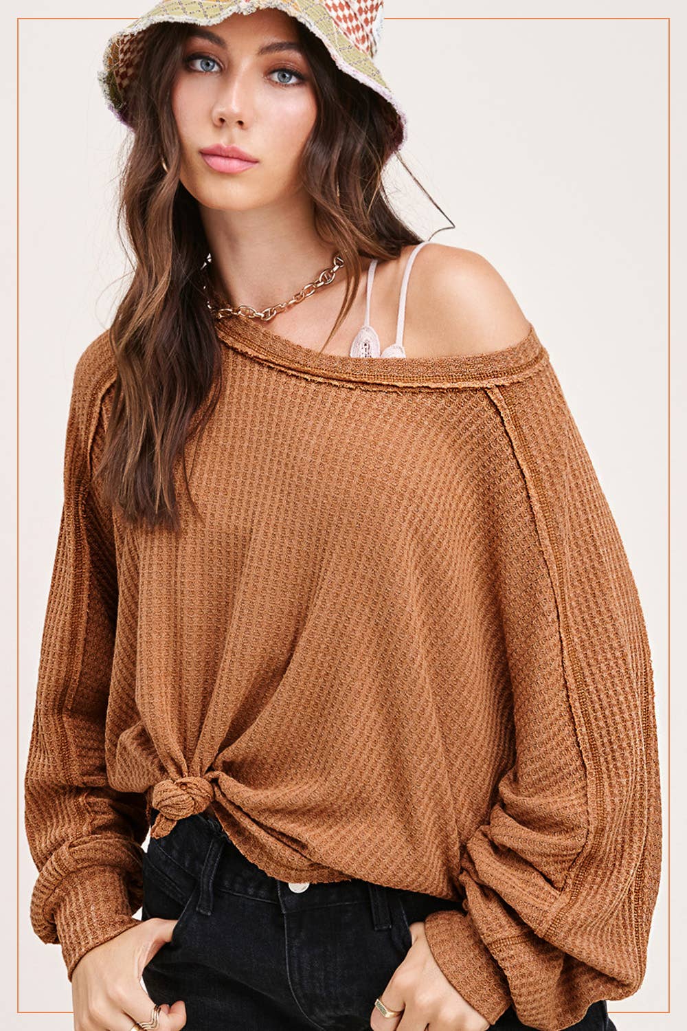 Brushed Waffle Loose Fit Long Sleeve Top - Ginger and Charcoal