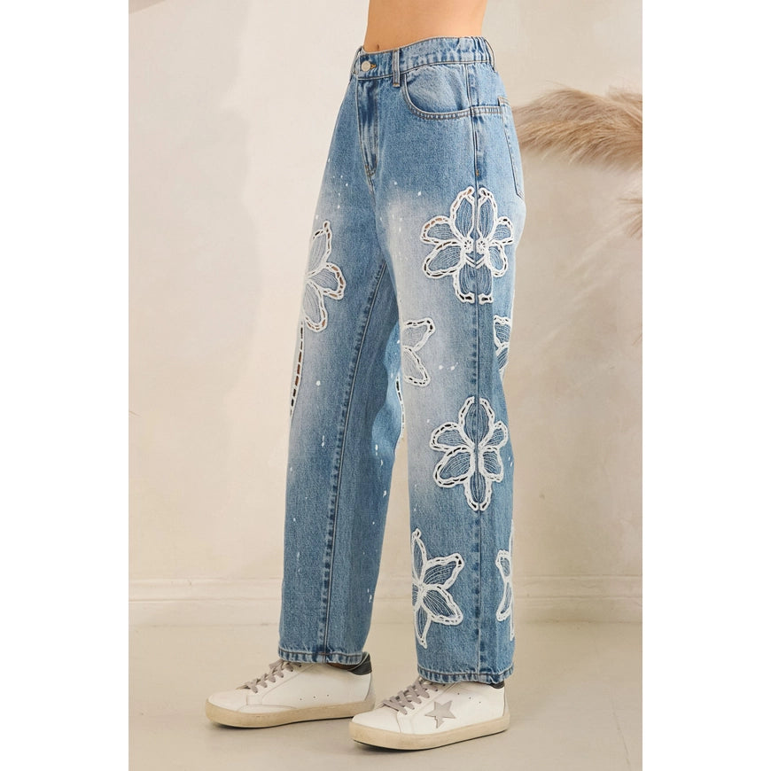 Washed Floral Embroidered Jeans