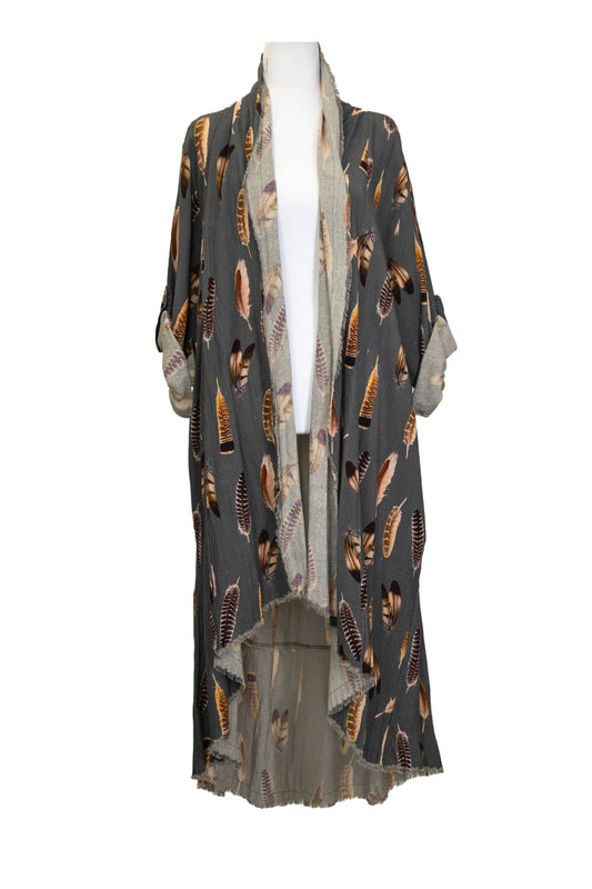 Duster with Bison Printed Patchwork and Feather Graphics 