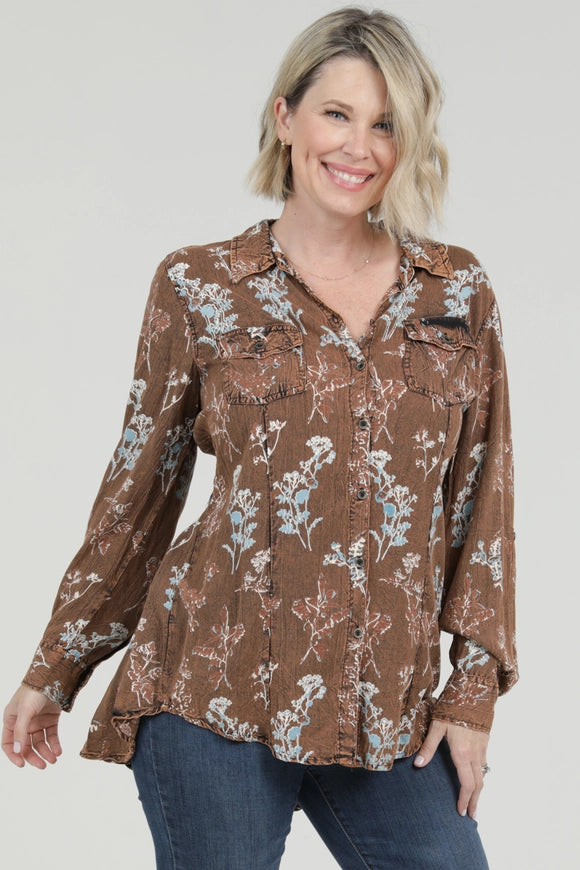 Lace Up Back Button Down Acid Wash Floral Top