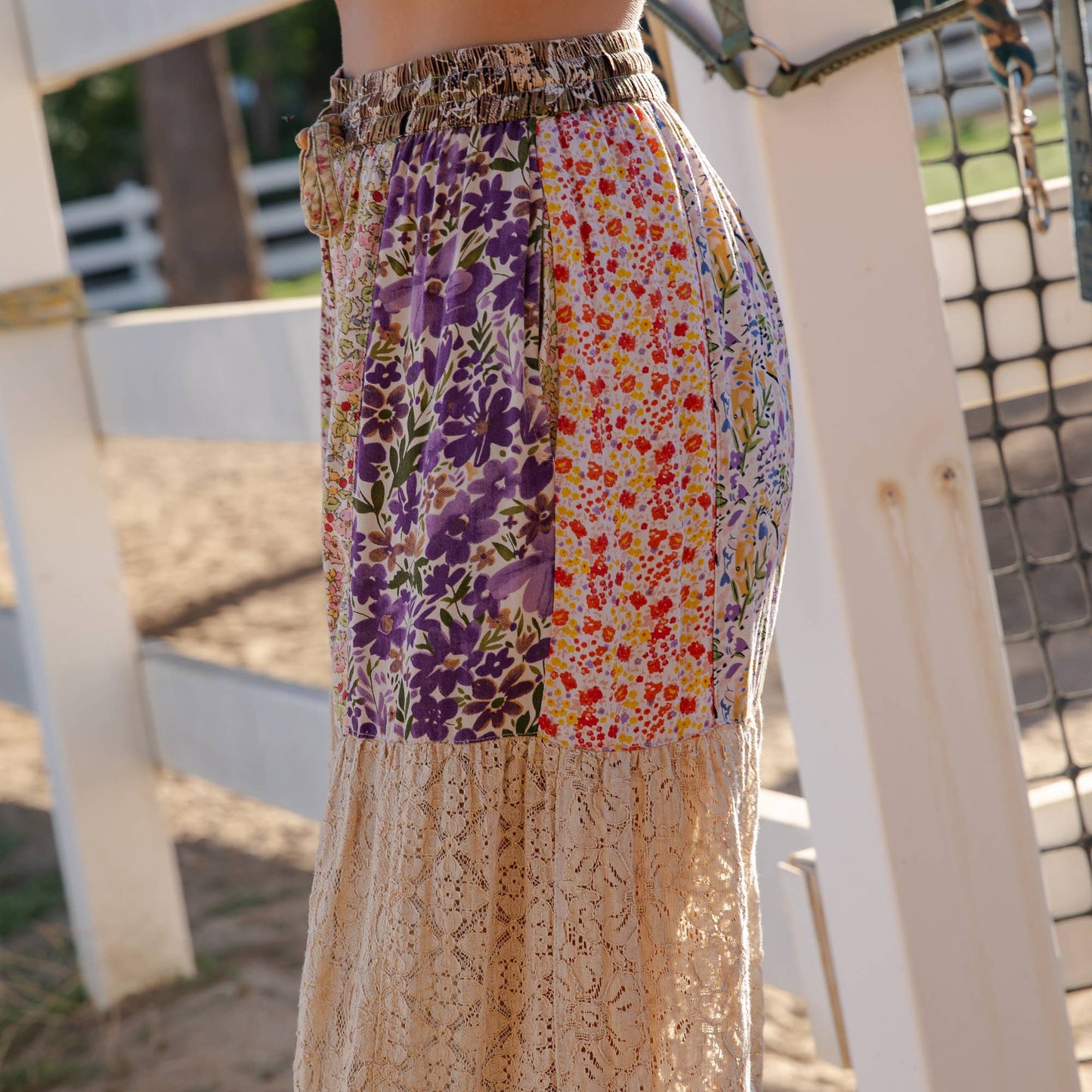 Boho Patchwork Print Tiered Lace Flare Pants