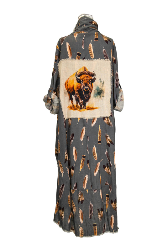 Duster with Bison Printed Patchwork and Feather Graphics 