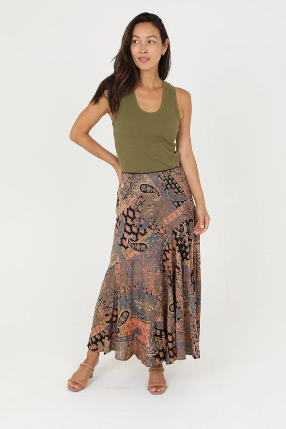 Lola P Patchwork Paisley Printed Bias Cut Maxi Skirt