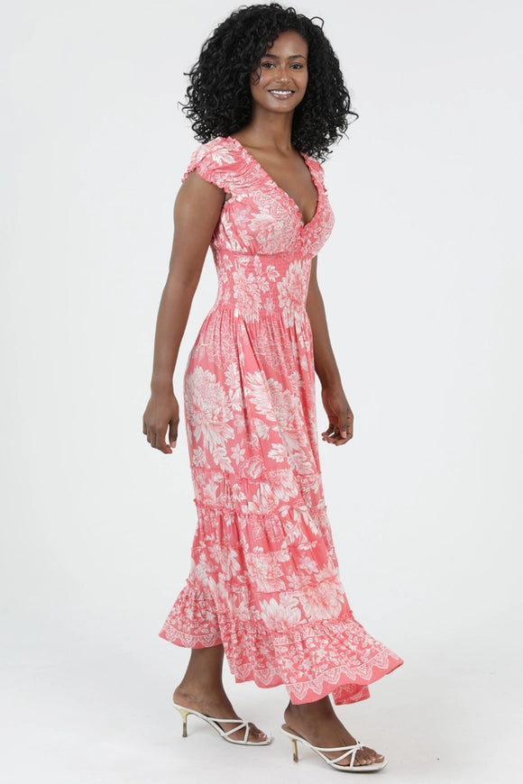 Lola P V-Neck Maxi Dress With Pockets - Coral