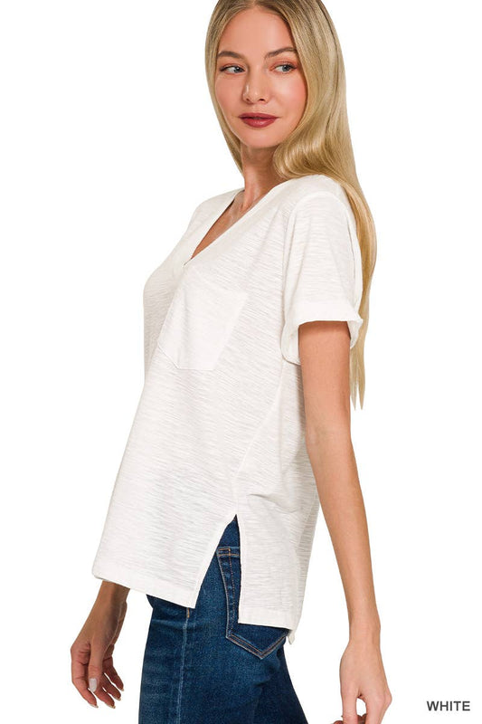 Slub Rolled Short Sleeve V Neck Tee