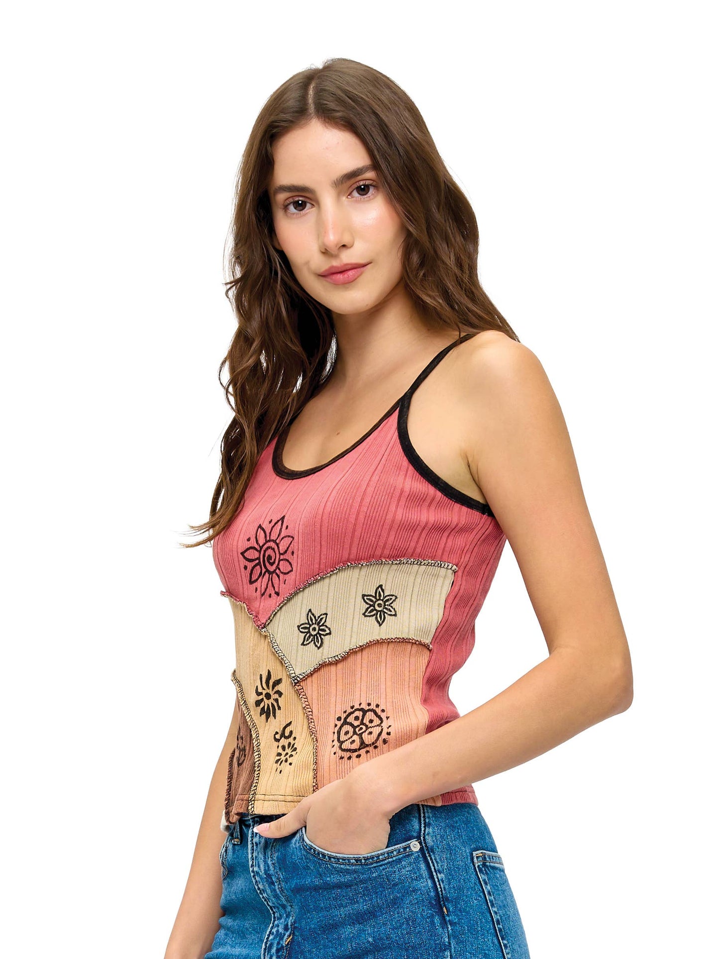 Boho Patchwork Ribbed Tank Top - Rust