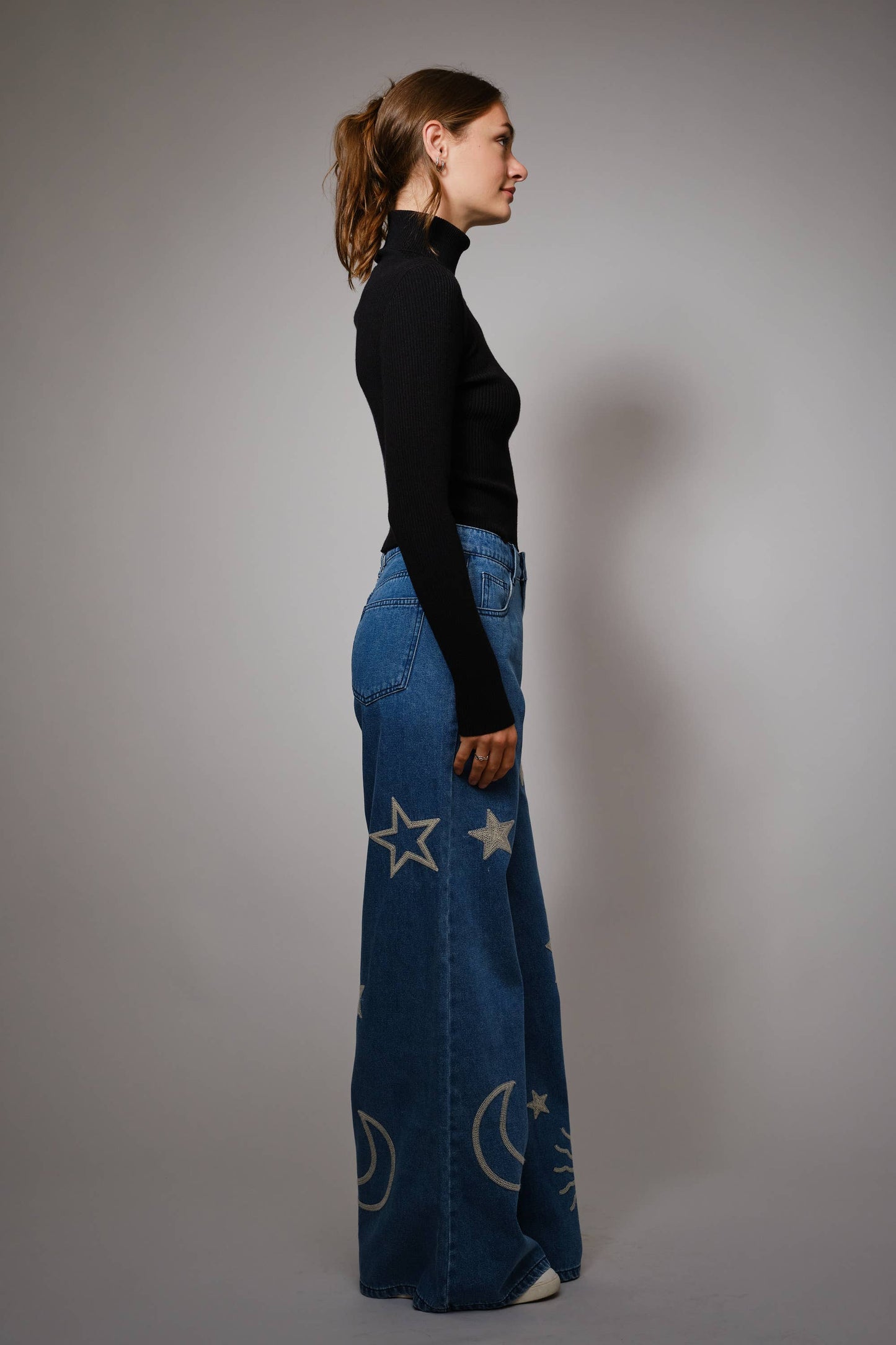 Moon And Star Embroidered Wide Leg Denim Jean