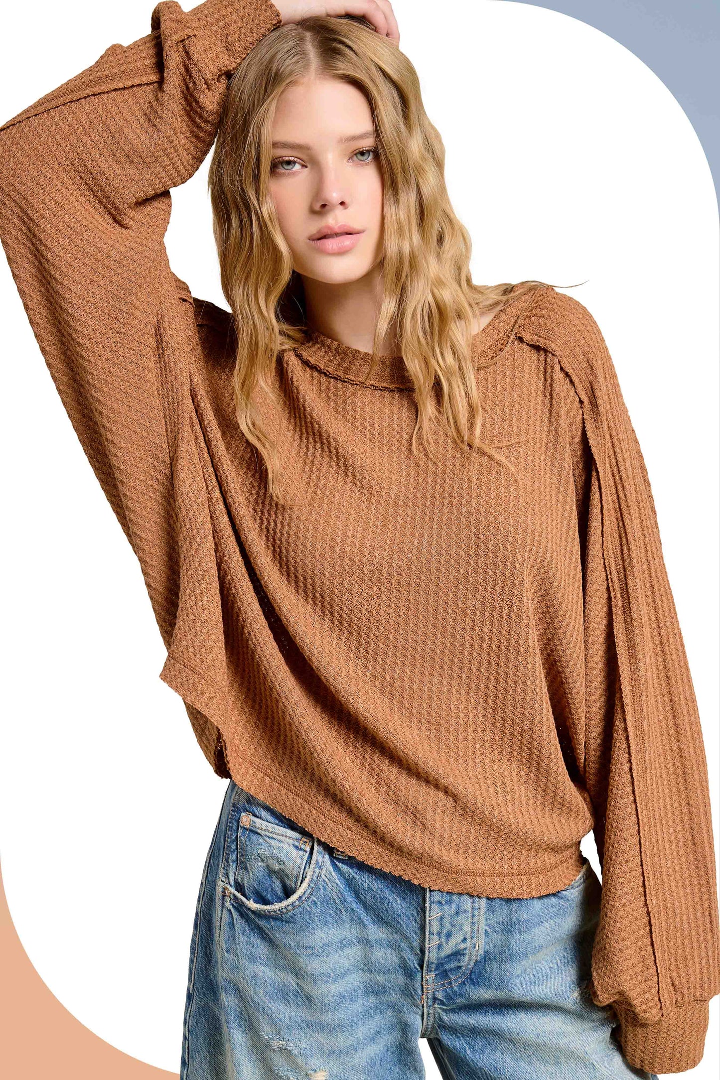 Brushed Waffle Loose Fit Long Sleeve Top - Ginger and Charcoal