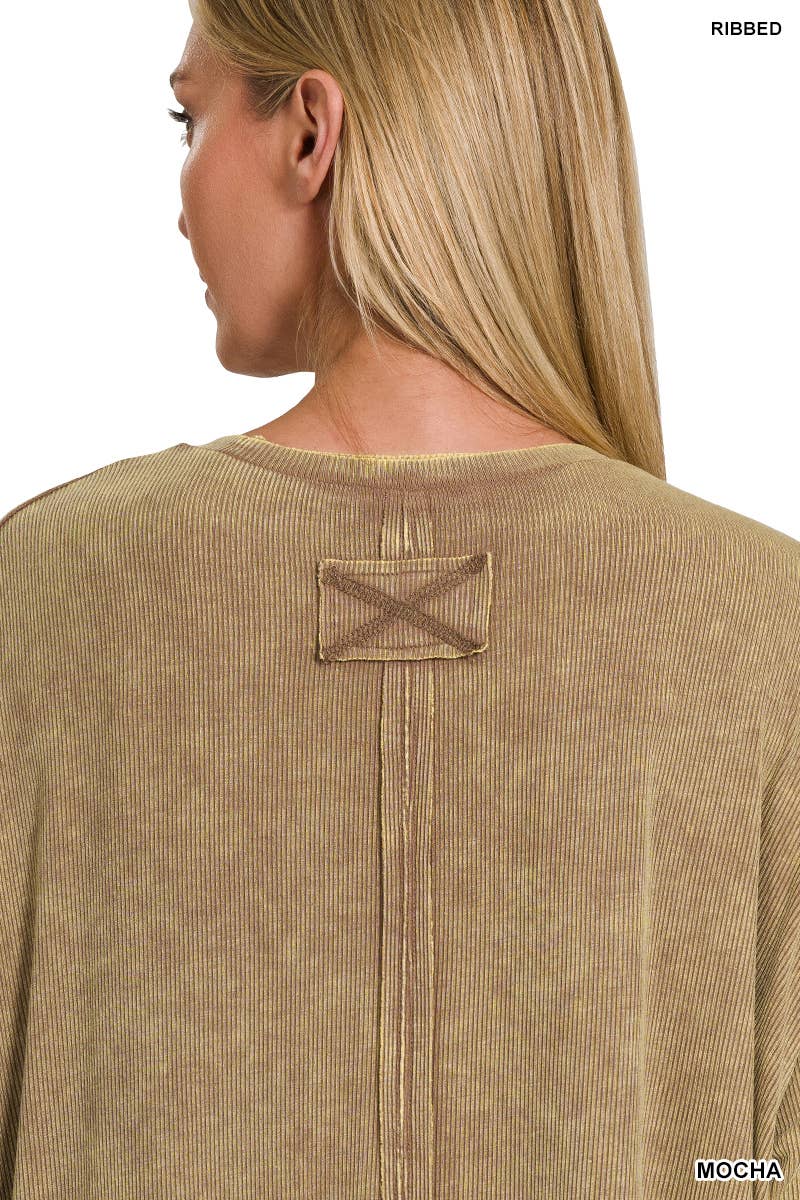 Washed Ribbed Cuffed Sleeve Top - Mocha, Light Olive