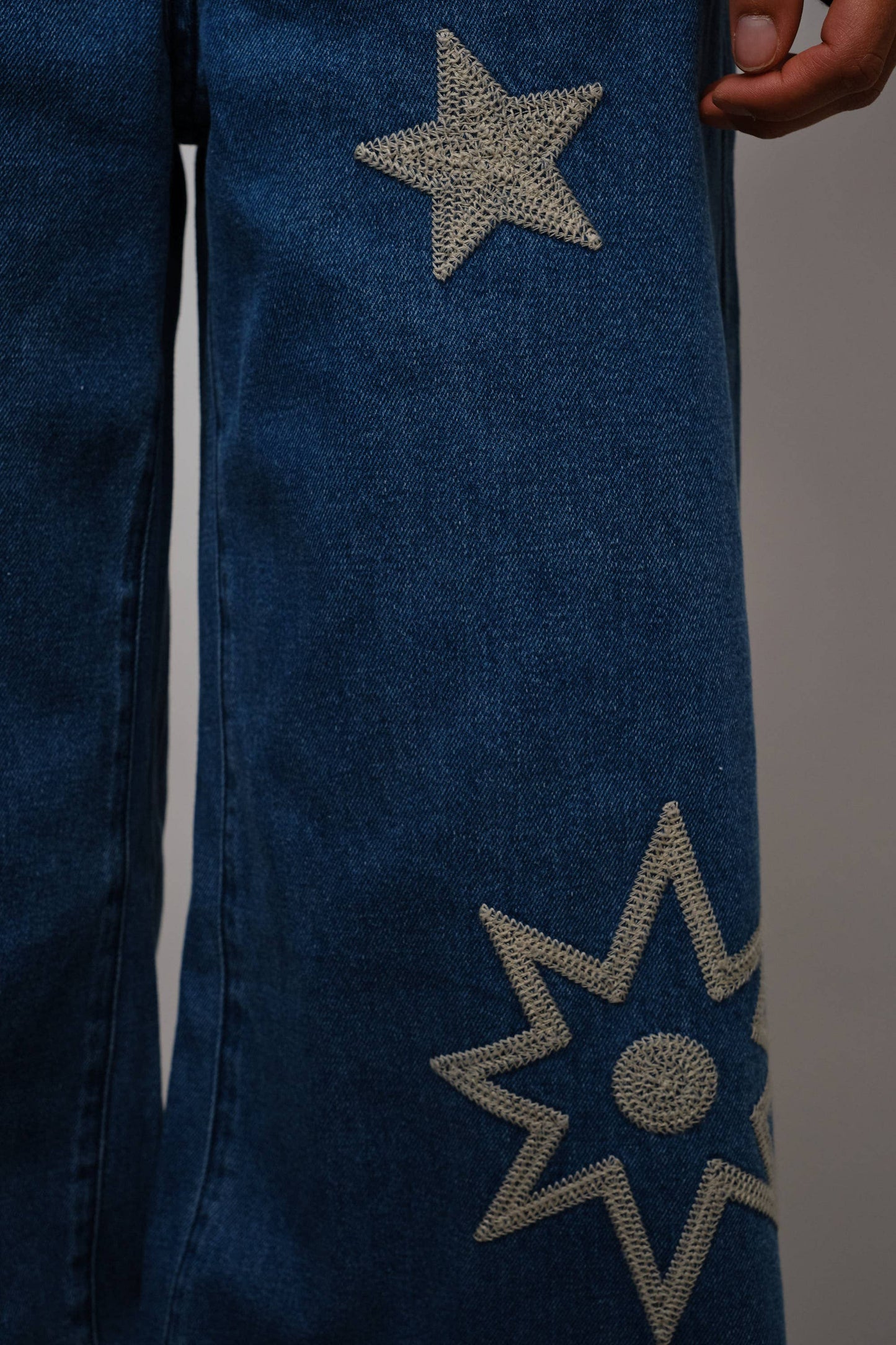 Moon And Star Embroidered Wide Leg Denim Jean