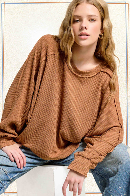 Brushed Waffle Loose Fit Long Sleeve Top - Ginger and Charcoal