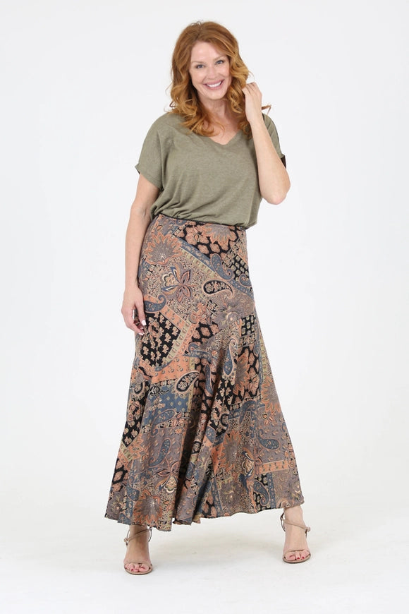 Lola P Patchwork Paisley Printed Bias Cut Maxi Skirt