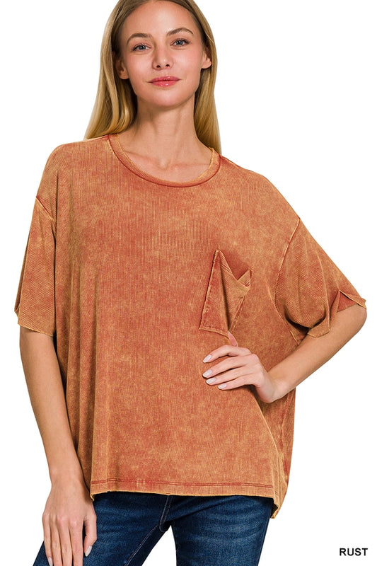 Washed Ribbed Cuffed Sleeve Top - 9 colors