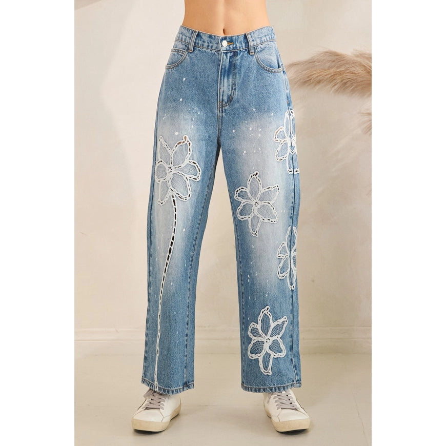 Washed Floral Embroidered Jeans