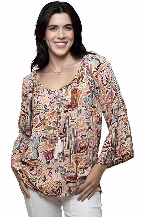 Scully On or Off Shoulder Western Print Top