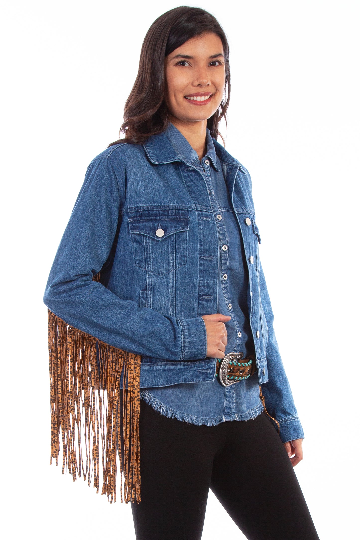 Scully Denim Jacket With Leopard Fringe