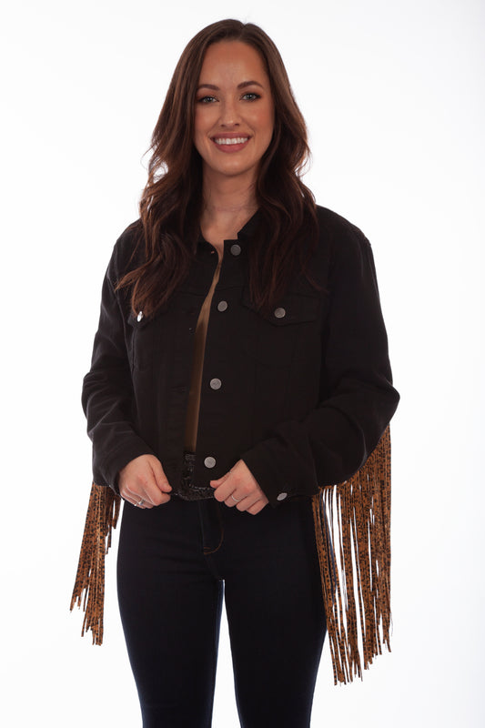 Scully Crop Denim Jacket With Leopard Fringe