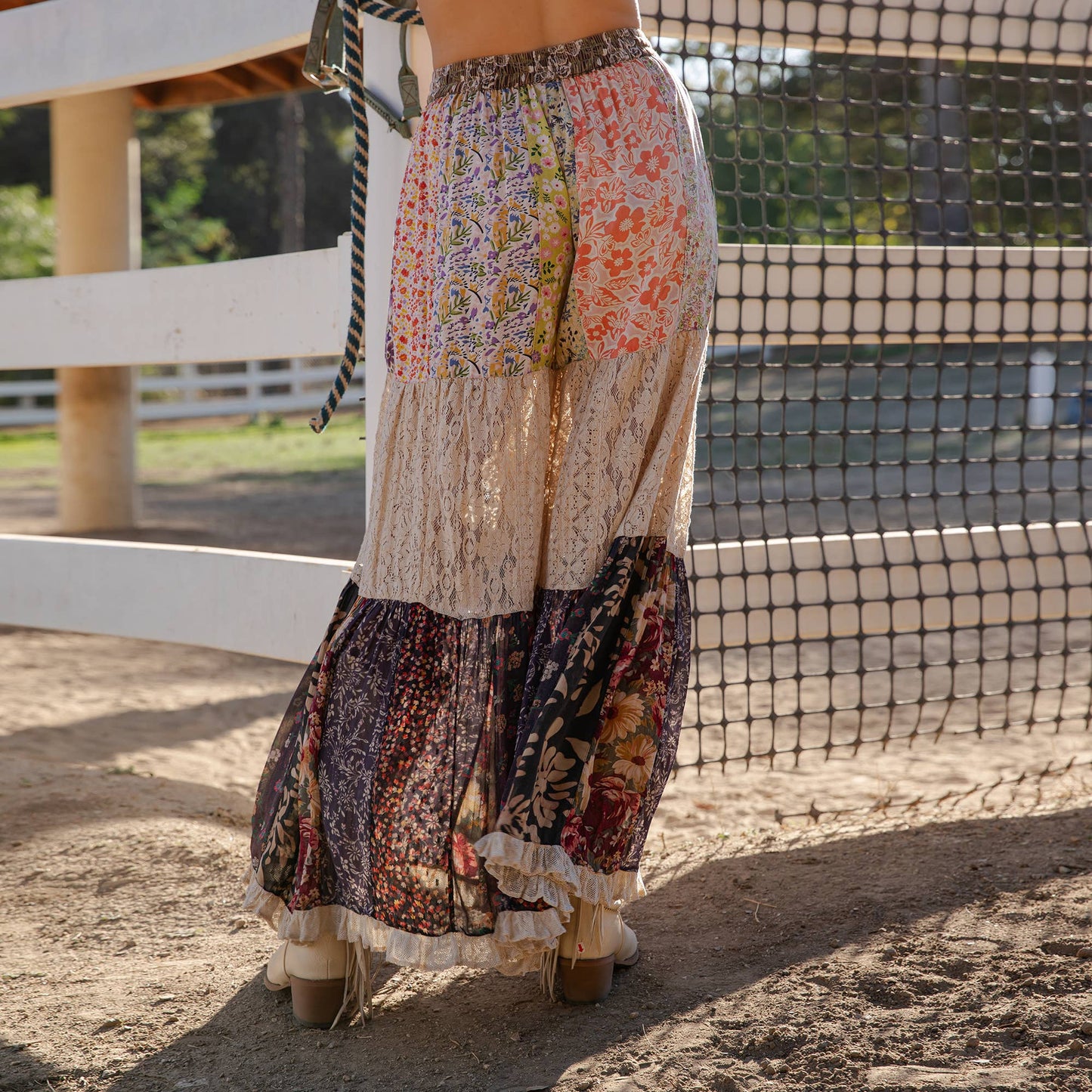 Boho Patchwork Print Tiered Lace Flare Pants