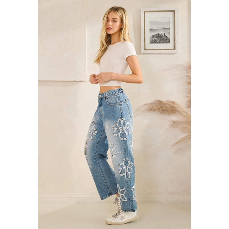 Washed Floral Embroidered Jeans
