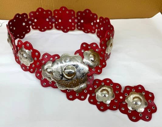 Handcrafted Red Flower Leather Belt