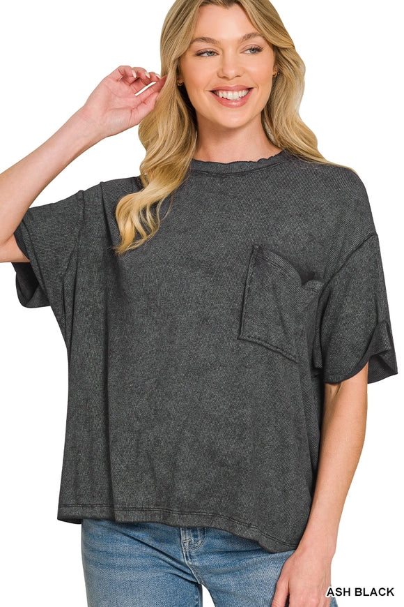 Washed Ribbed Cuffed Sleeve Top - 9 colors