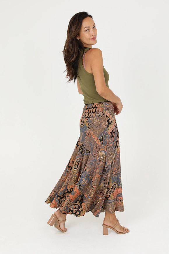 Lola P Patchwork Paisley Printed Bias Cut Maxi Skirt