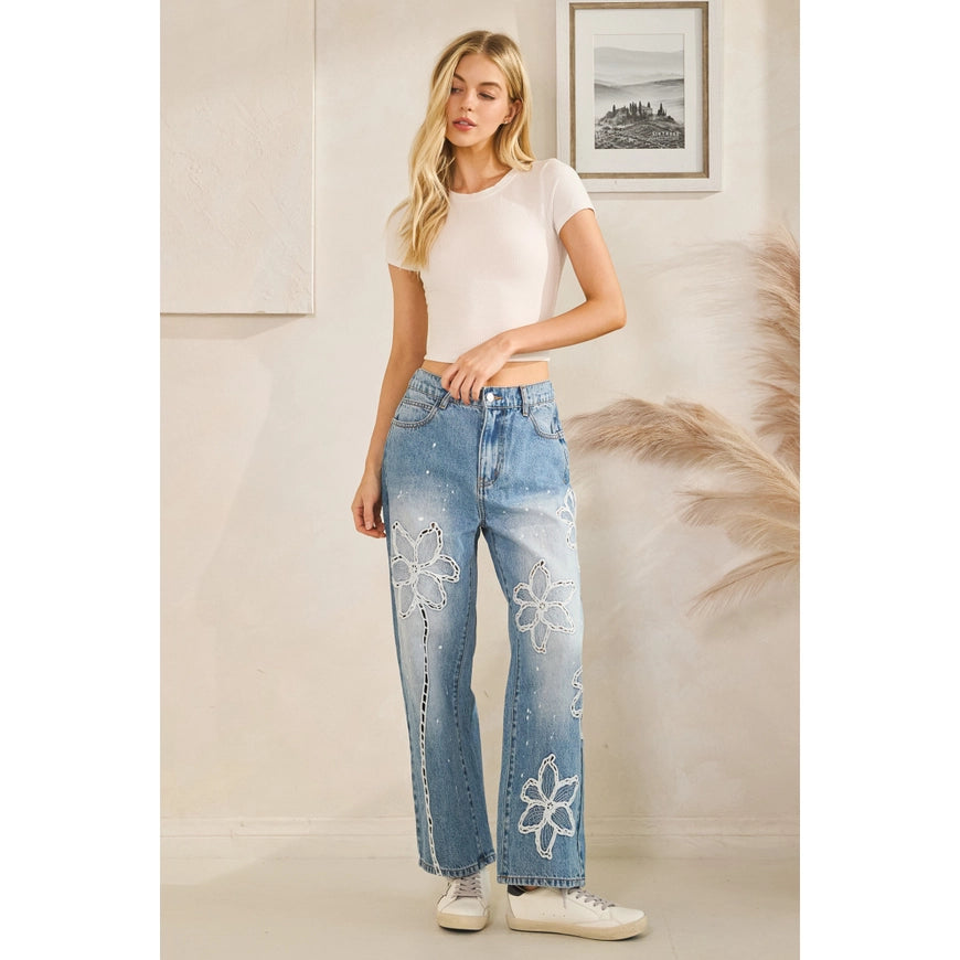 Washed Floral Embroidered Jeans