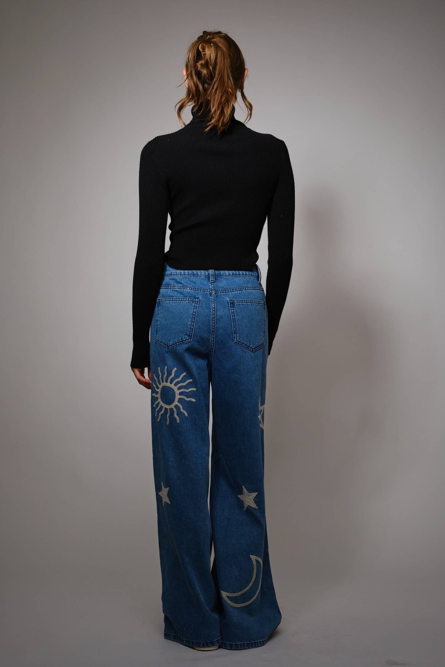 Moon And Star Embroidered Wide Leg Denim Jean