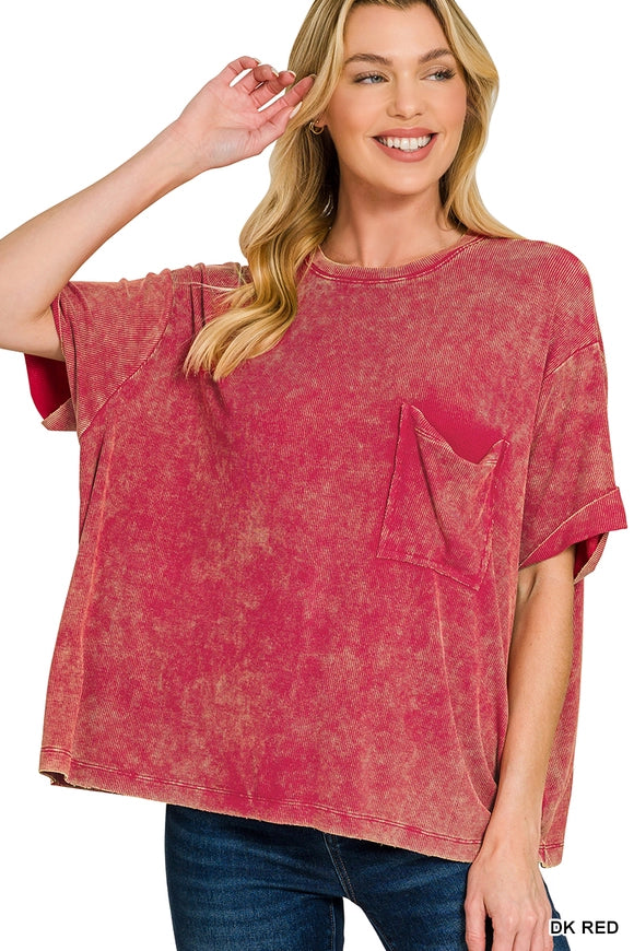 Washed Ribbed Cuffed Sleeve Top - 9 colors