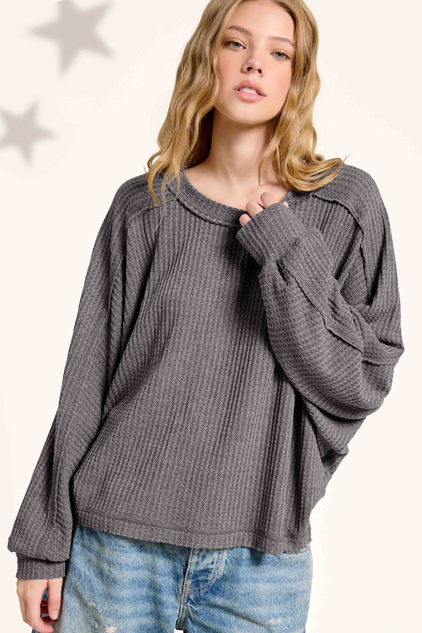 Brushed Waffle Loose Fit Long Sleeve Top - Ginger and Charcoal
