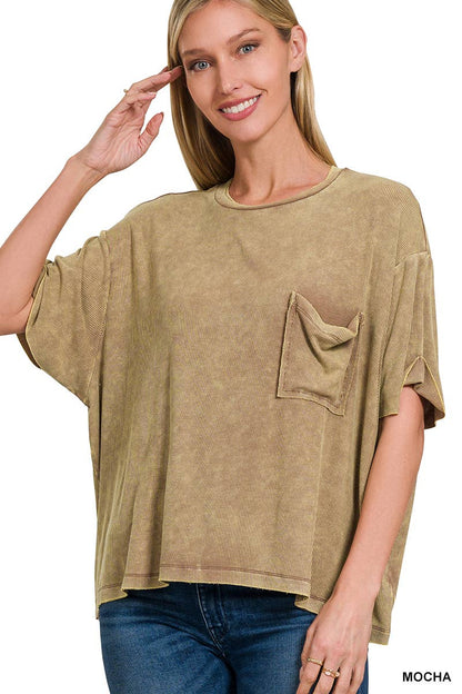 Washed Ribbed Cuffed Sleeve Top - Mocha, Light Olive