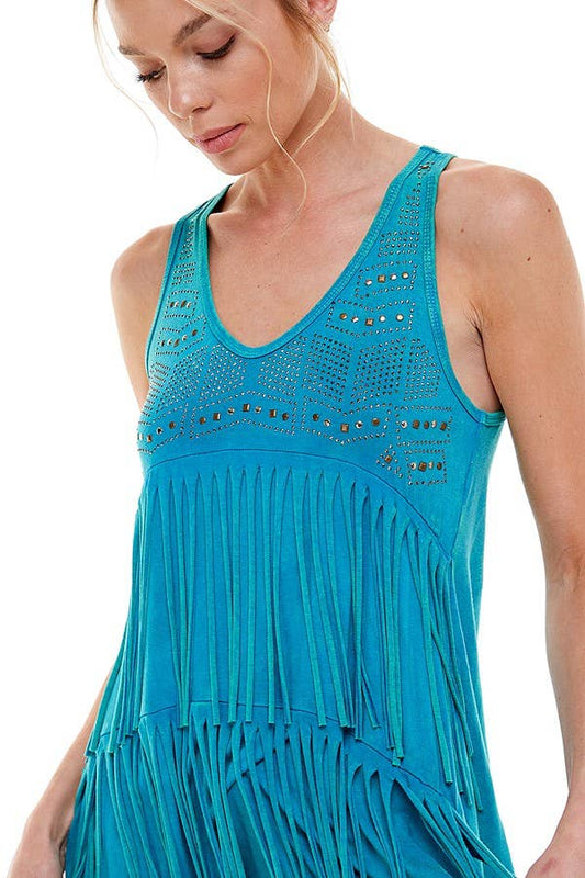 Mineral Wash Two Layer Fringe Special Stone Sleeve Top