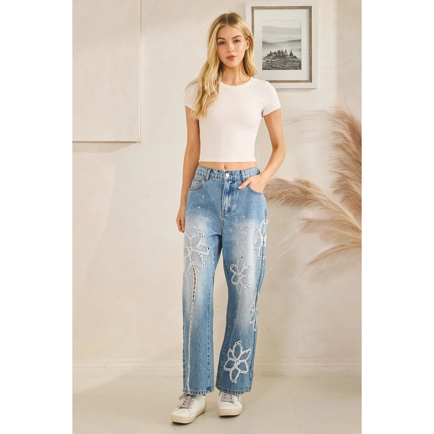 Washed Floral Embroidered Jeans