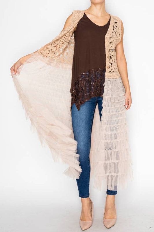 Origami Crochet Vest With Tiered Mesh Layer
