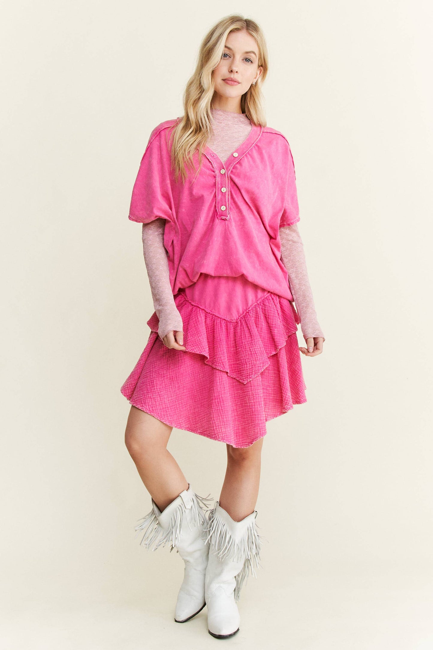 Mineral Wash Tiered Skirt - Ash Oak and Hot Pink