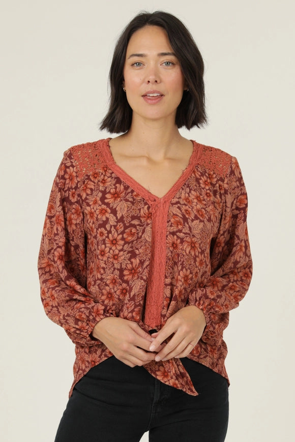 Lace Trim Tie Waist Floral Print Top