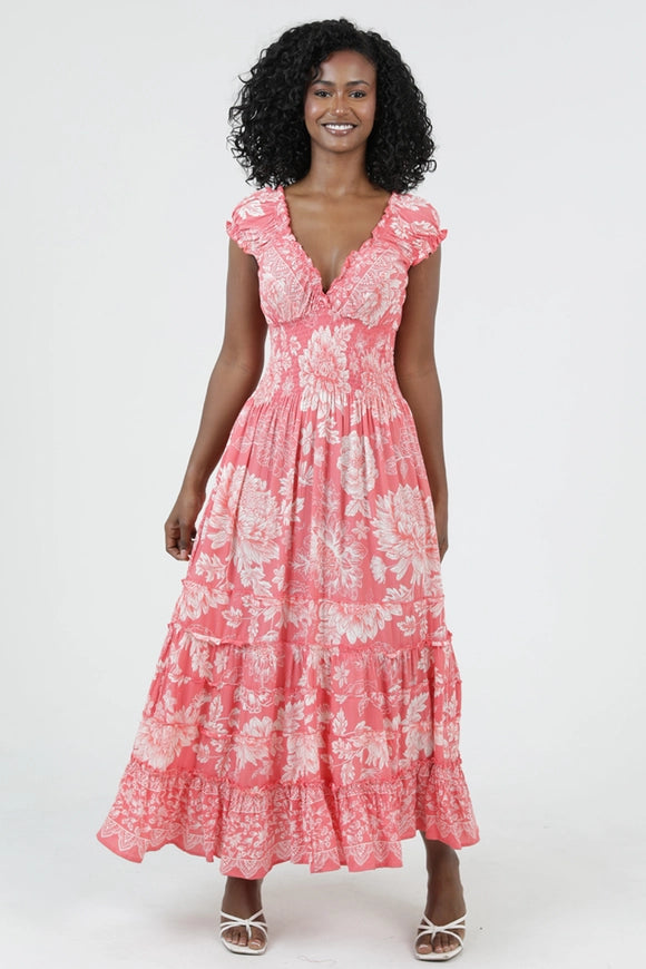Lola P V-Neck Maxi Dress With Pockets - Coral