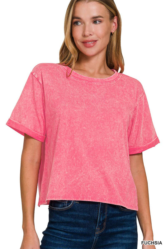 Washed Crew Neck Crop T-Shirt - Brush, Fushia