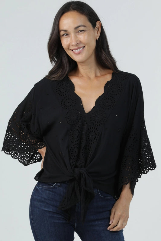 Deep V-Neck Crochet Tie Front Top