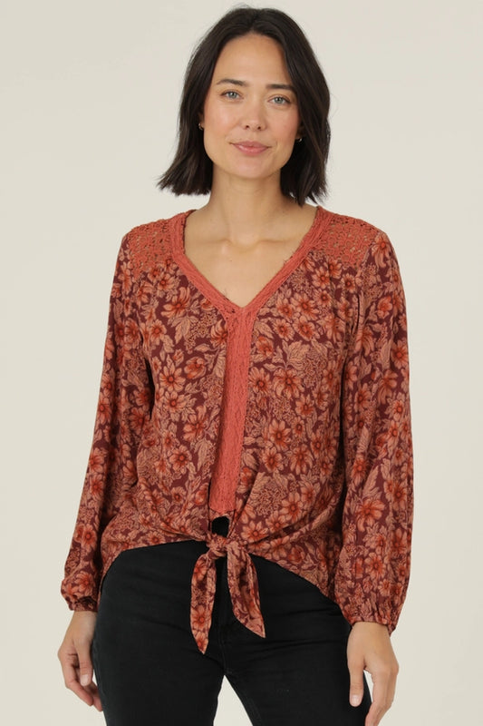 Lace Trim Tie Waist Floral Print Top