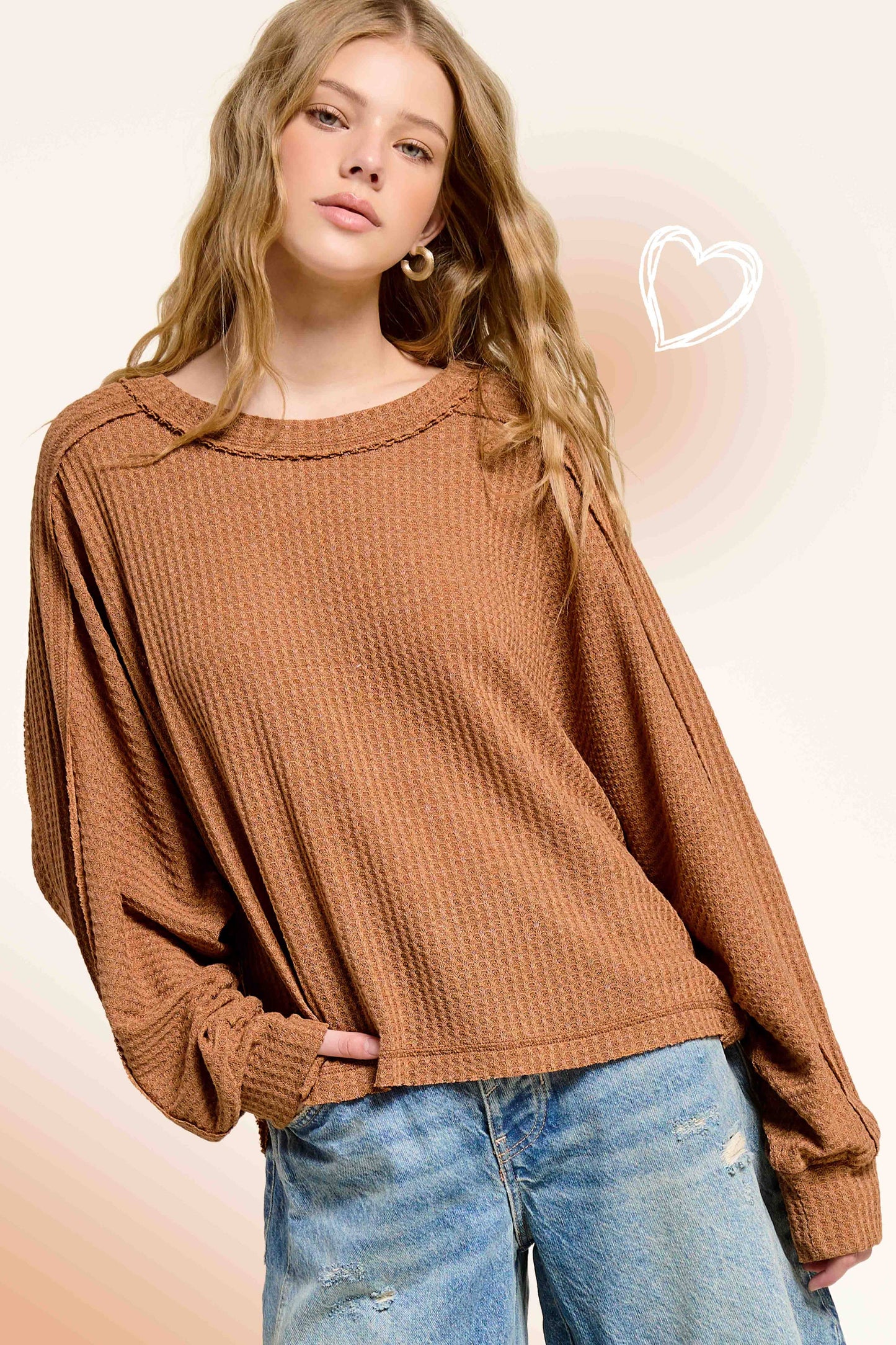 Brushed Waffle Loose Fit Long Sleeve Top - Ginger and Charcoal