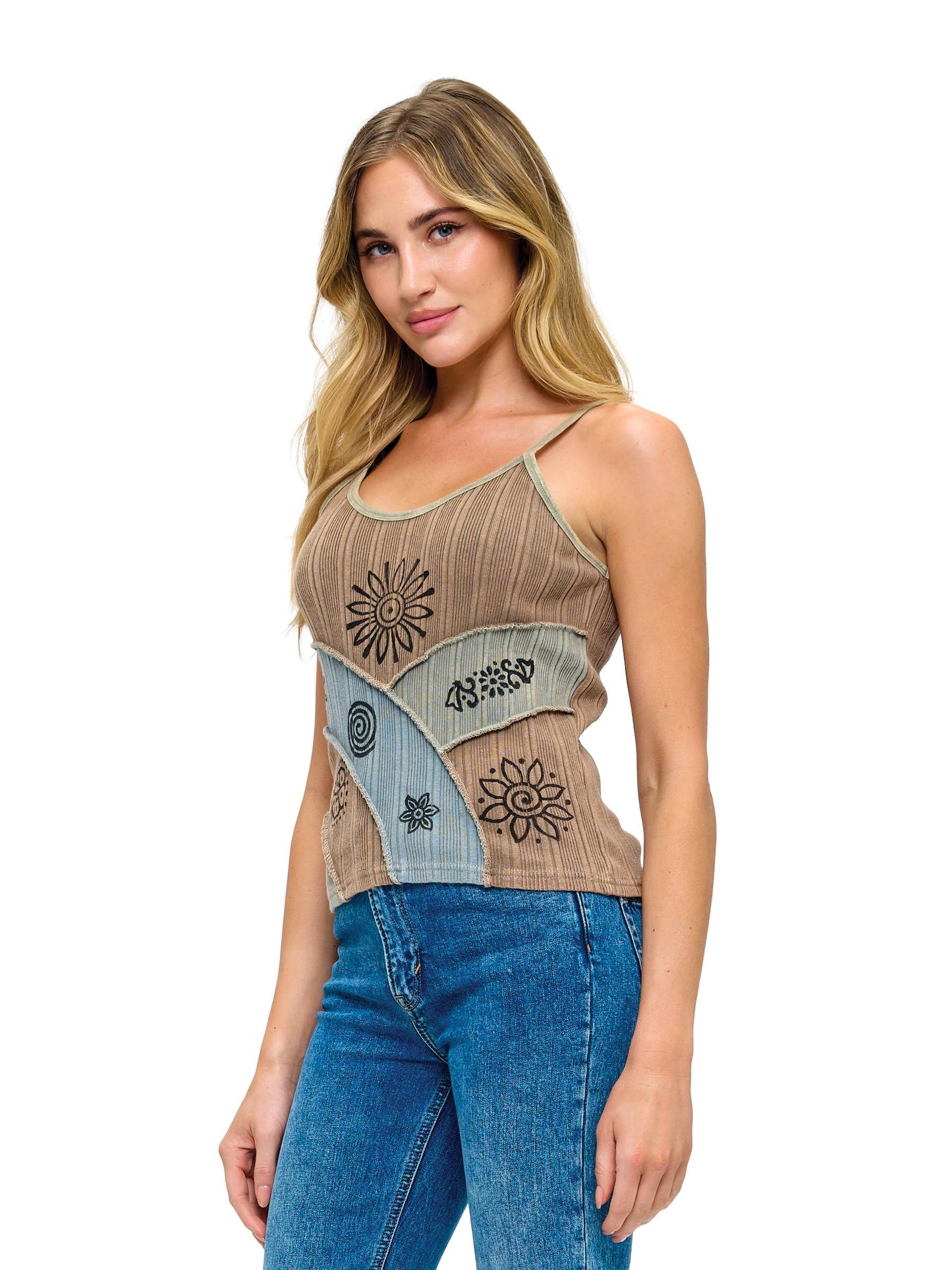 Boho Patchwork Ribbed Tank Top - Brown